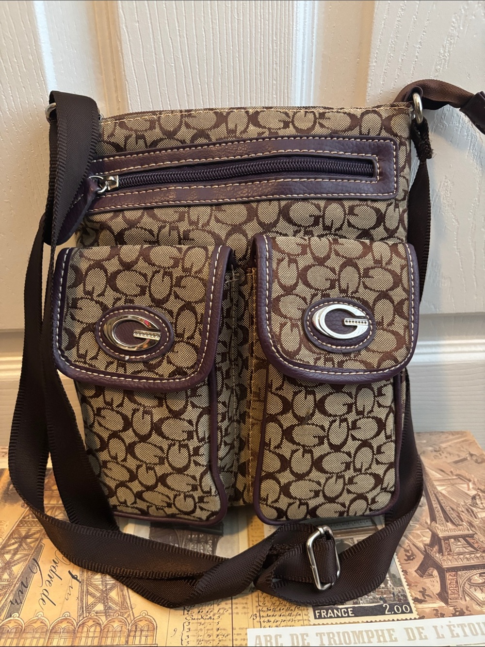 G-Signature Brown Canvas Messenger Bag with Dual Front Pockets